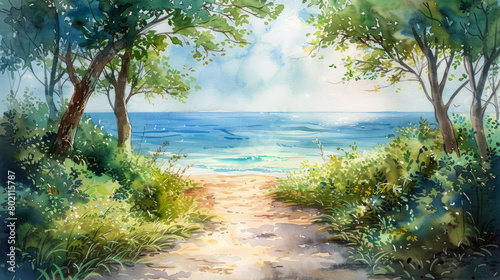 A watercolor oil painting of a path through nature leading to the ocean