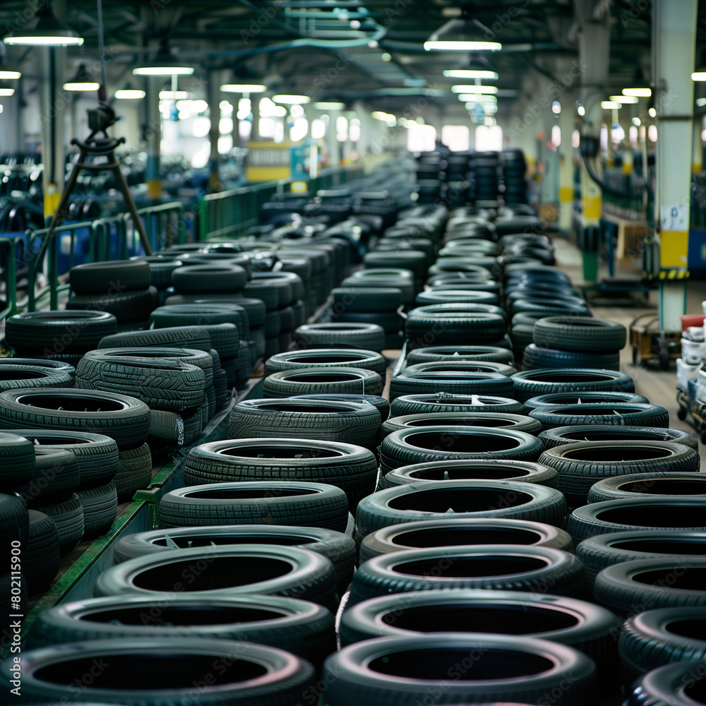 Fototapeta premium Check Out Masses of Rubber Tires in a Production Line Area: The Backbone of Modern Mobility
