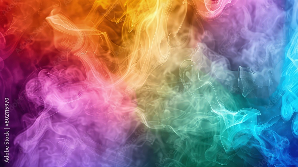 A swirling array of multicolored smoke, blending shades of blue, pink, and yellow against a black backdrop