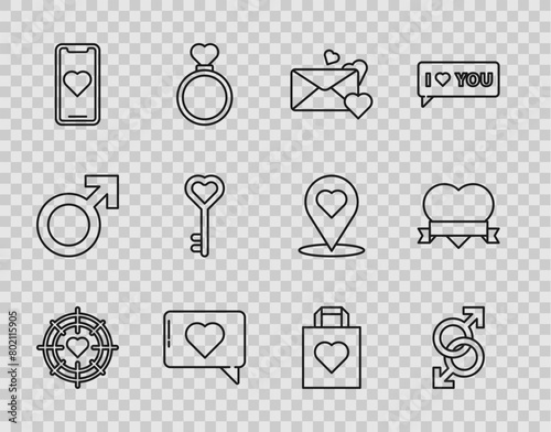 Set line Heart in the center of darts target aim, Male gender symbol, Envelope with heart, Like and, Mobile phone, Key shape, Shopping bag and ribbon icon. Vector