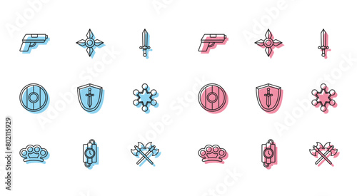 Set line Brass knuckles, dynamite stick and timer clock, Pistol or gun, Crossed medieval axes, Medieval shield with sword, Police badge, Round wooden and Japanese ninja shuriken icon. Vector