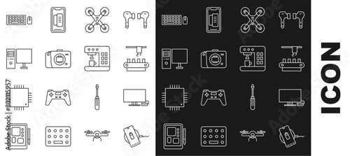 Set line Wireless charger, Smart Tv, Factory conveyor system belt, Drone flying, Mirrorless camera, Computer monitor, Keyboard and mouse and Coffee machine icon. Vector