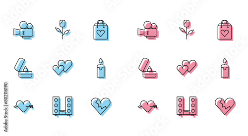 Set line Amour with heart and arrow, Home stereo two speakers, Cinema camera, Broken or divorce, Heart, Burning candle, Wedding rings and Flower rose icon. Vector