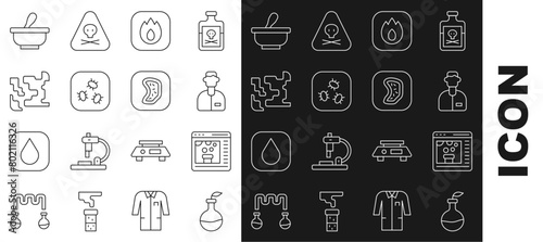 Set line Plant breeding, Chemical online, Laboratory assistant, Fire flame, Bacteria, Gaseous, Mortar and pestle and icon. Vector