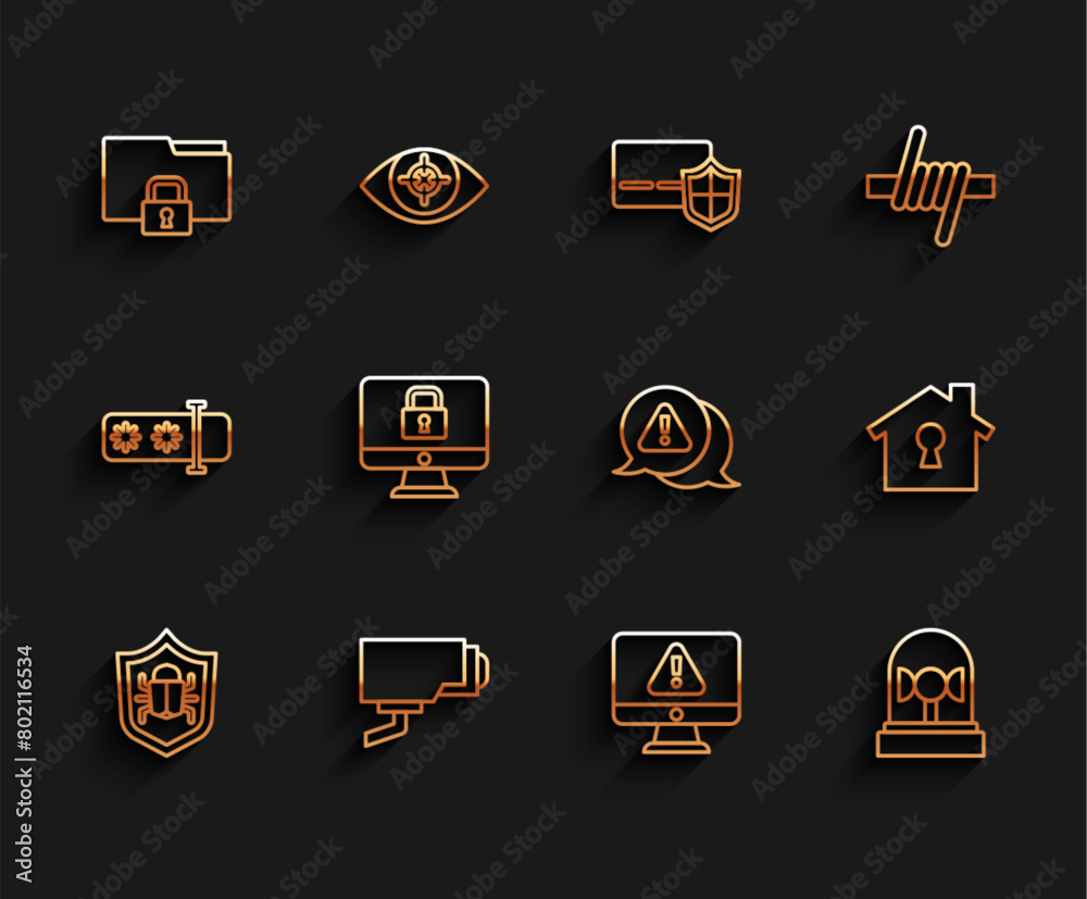 Set line System bug, Security camera, Folder and lock, Monitor with exclamation mark, Flasher siren, Lock monitor, House under protection and Exclamation in triangle icon. Vector Set line System bug, Security camera, Folder and lock, Monitor with exclamation mark, Flasher siren, Lock monitor, House under protection and Exclamation in triangle icon. Vector