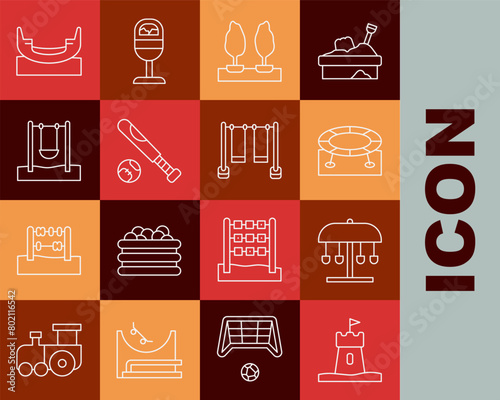 Set line Sand tower, Attraction carousel, Jumping trampoline, Forest, Baseball bat with ball, Swing, Boat swing and Double icon. Vector