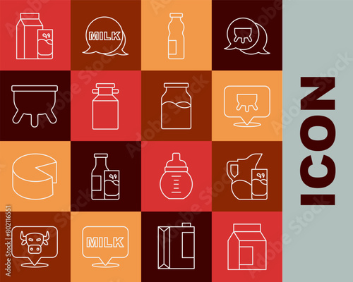 Set line Paper package for milk, Milk jug pitcher and glass, Udder, Drinking yogurt in bottle, Can container, kefir and Bottle with icon. Vector