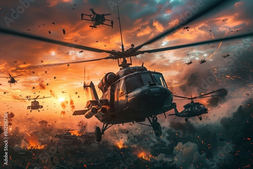Military helicopters, troops and tanks with airplanes at war at sunset, hyperrealistic photo photo