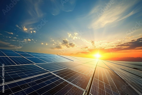 Sunrise over a solar panel field