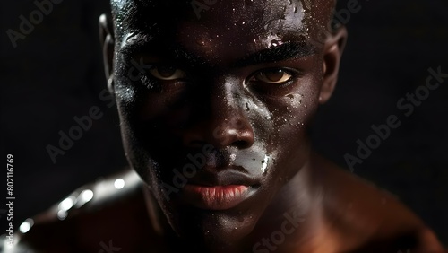 Dramatic Close-up Sports Photography of a Black Male Athlete. Concept Sports Photography, Close-up Shots, Black Male Athlete, Dramatic Lighting, Action Shots