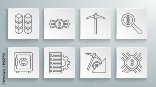 Set line Safe, Cryptocurrency bitcoin in circle with microchip circuit, Server and gear, cloud mining, CPU farm, Pickaxe, Magnifying glass Bitcoin and Blockchain technology icon. Vector