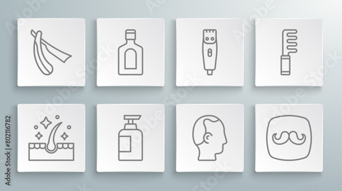 Set line Oil for hair care treatment  Bottle of shampoo  Baldness  Barbershop  Hair clipper  Hairbrush and Straight razor icon. Vector