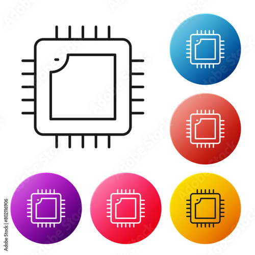 Black line Computer processor with microcircuits CPU icon isolated on white background. Chip or cpu with circuit board. Micro processor. Set icons colorful circle buttons. Vector