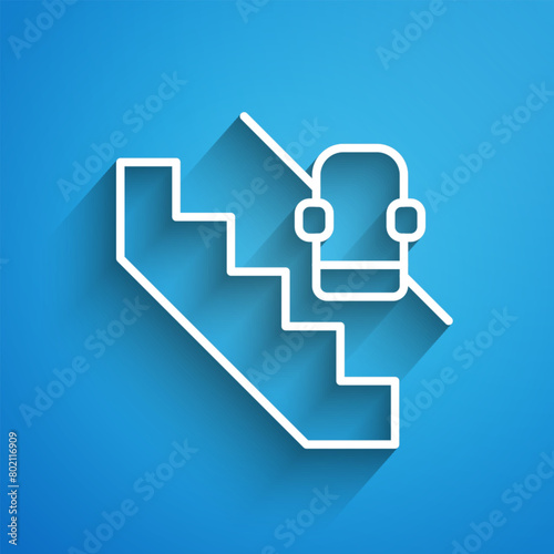 White line Disabled access elevator lift escalator icon isolated on blue background. Movable mechanical chair platform for handicapped human. Long shadow. Vector