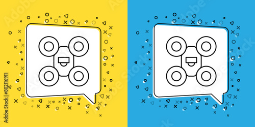 Set line Drone flying icon isolated on yellow and blue background. Quadrocopter with video and photo camera symbol. Vector