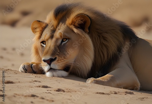 A lion taking a nap on a sandy beige background  generative AI