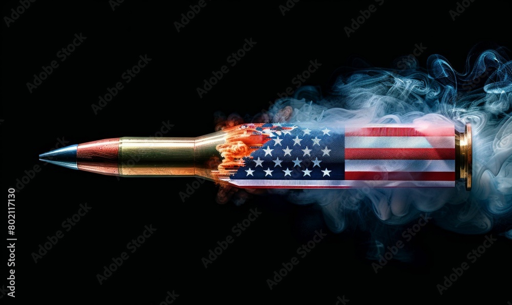 Naklejka premium Symbolic American Flag Bullet with Fiery Trail. Generative ai