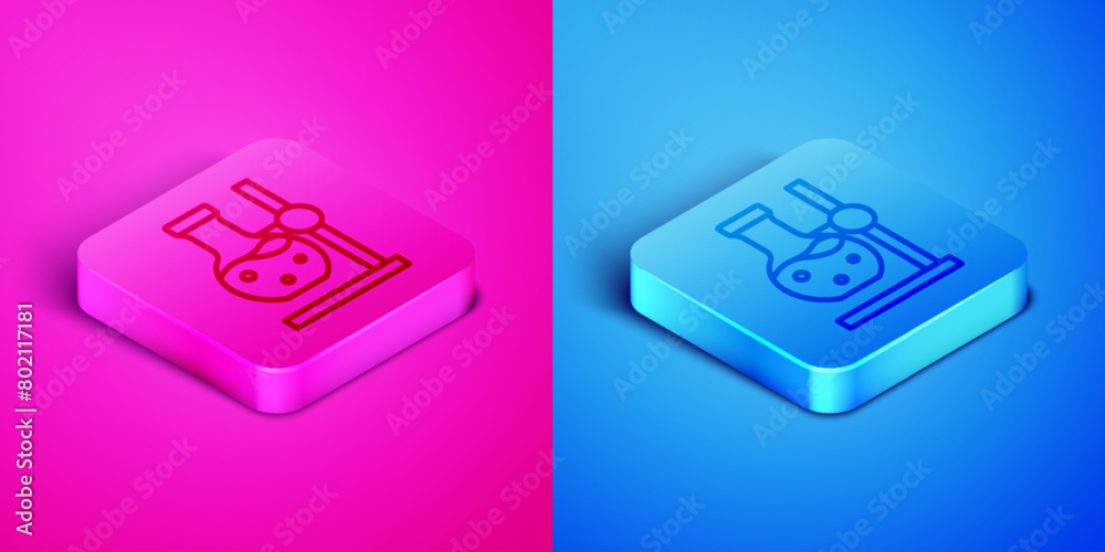 Isometric line Glass test tube flask on stand icon isolated on pink and blue background. Laboratory equipment. Square button. Vector Isometric line Glass test tube flask on stand icon isolated on pink and blue background. Laboratory equipment. Square button. Vector