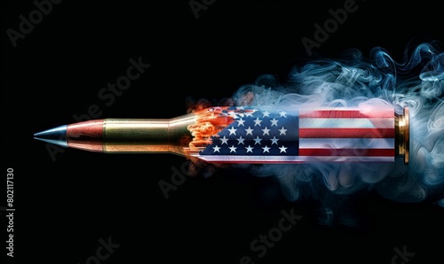 Symbolic American Flag Bullet with Fiery Trail. Generative ai © Scrudje