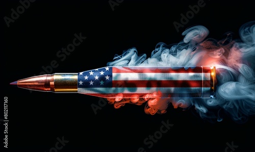 Symbolic American Flag Bullet with Fiery Trail. Generative ai © Scrudje