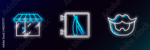 Set line Mustache and beard, Barbershop building and with razor icon. Glowing neon. Vector