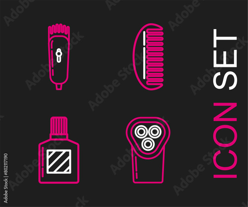 Set line Electrical hair clipper or shaver, Aftershave, Hairbrush and icon. Vector