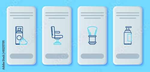Set line Barbershop chair, Shaving brush, gel foam and Cream or lotion cosmetic tube icon. Vector
