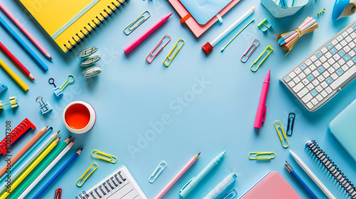 Composition with stationery supplies on blue background
