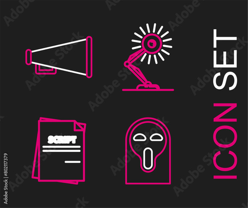 Set line Funny and scary ghost mask, Scenario, Table lamp and Megaphone icon. Vector