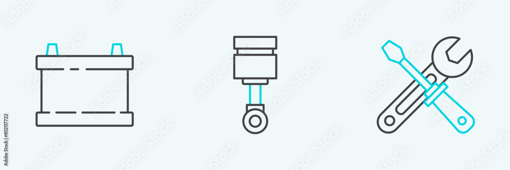 Set line Screwdriver and wrench tools, Car battery and Engine piston icon. Vector Set line Screwdriver and wrench tools, Car battery and Engine piston icon. Vector