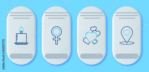 Set line Female gender symbol, Heart, Burning candle and Map pointer with heart icon. Vector
