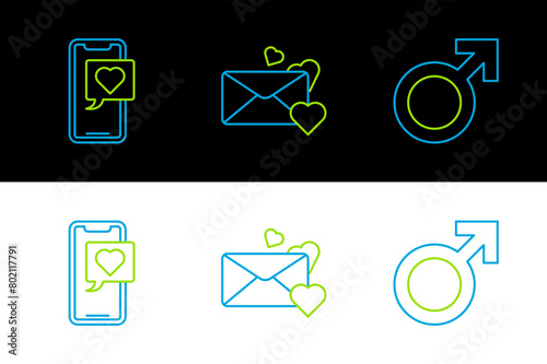 Set line Male gender symbol, Smartphone with heart speech bubble and Envelope icon. Vector