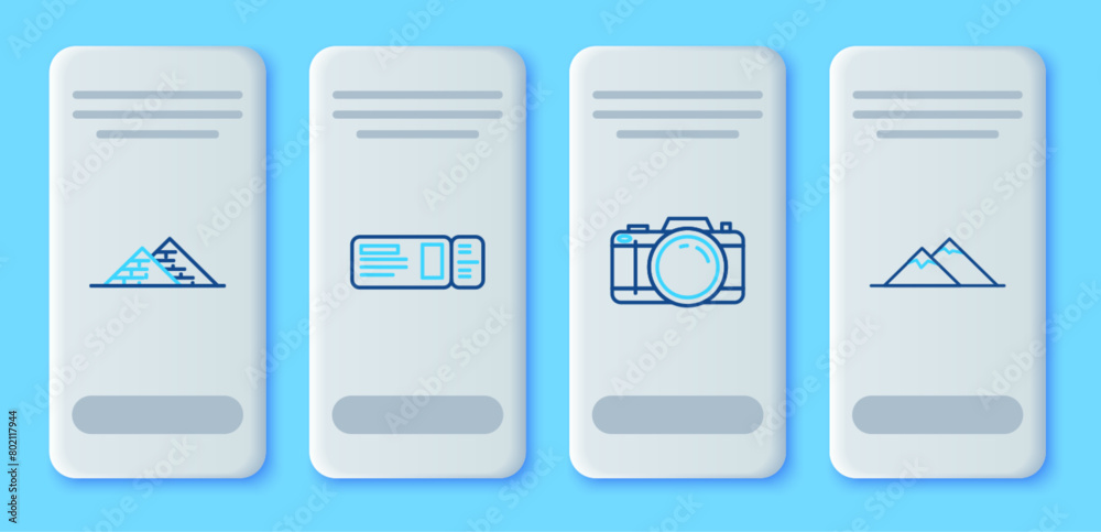 Set line Travel ticket, Photo camera, Egypt pyramids and Mountains icon. Vector Set line Travel ticket, Photo camera, Egypt pyramids and Mountains icon. Vector
