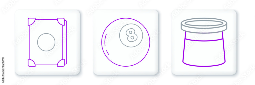 Set line Magician hat, Ancient magic book and ball of predictions icon. Vector Set line Magician hat, Ancient magic book and ball of predictions icon. Vector