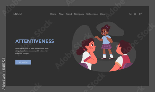 Attentiveness concept. Energetic black girl shares story, captivating peers