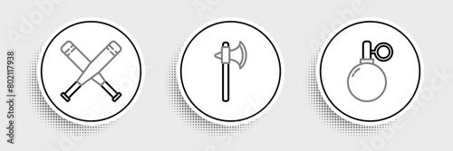 Set line Hand grenade, Crossed baseball bat and Medieval axe icon. Vector
