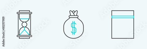 Set line Plastic bag with ziplock, Old hourglass sand and Money icon. Vector