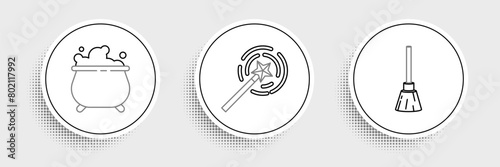 Set line Witches broom, cauldron and Magic wand icon. Vector