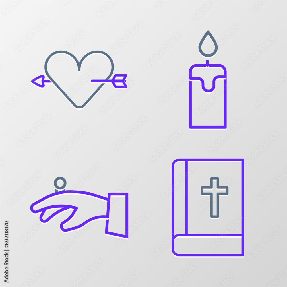 Set line Holy bible book, Wedding rings on hand, Burning candle and Amour with heart arrow icon. Vector Set line Holy bible book, Wedding rings on hand, Burning candle and Amour with heart arrow icon. Vector