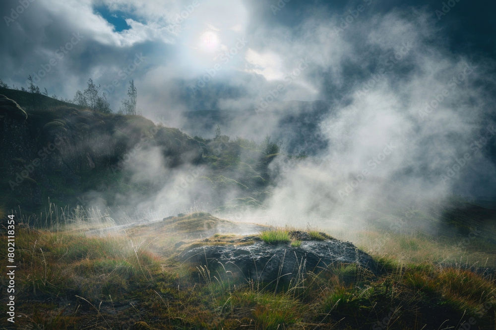 Steam rising from geothermal vents