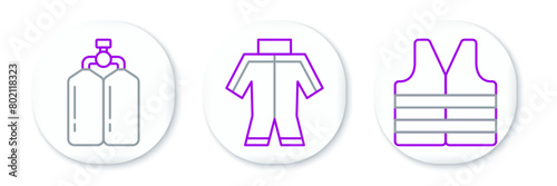 Set line Life jacket, Aqualung and Wetsuit icon. Vector