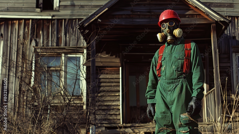 Individual wearing a gas mask and red helmet stands in front of an aging, dilapidated wooden house.