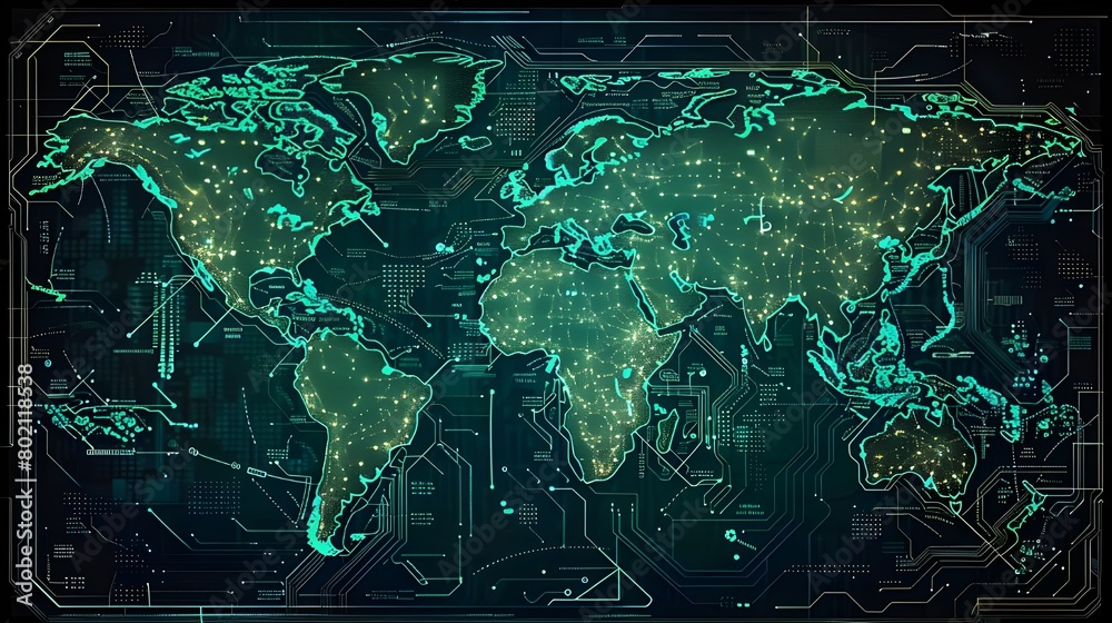 High-tech digital world map with glowing connections and data points, featuring the Americas and Europe. High-tech digital world map with glowing connections and data points, featuring the Americas and Europe.