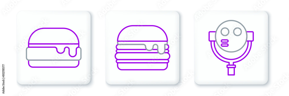 Set line Tourist binoculars, Burger and icon. Vector Set line Tourist binoculars, Burger and icon. Vector