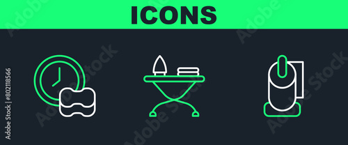 Set line Toilet paper roll, Washing dishes and Iron and ironing board icon. Vector