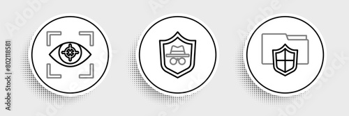 Set line Document folder protection, Eye scan and Incognito mode icon. Vector