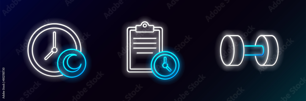Set line Dumbbell, Time to sleep and Sport training program icon. Glowing neon. Vector Set line Dumbbell, Time to sleep and Sport training program icon. Glowing neon. Vector