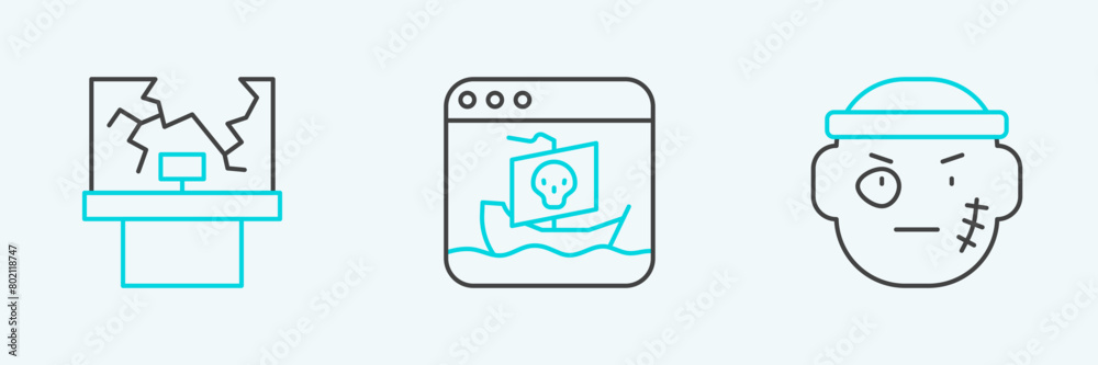 Set line Bandit, Broken window and Internet piracy icon. Vector Set line Bandit, Broken window and Internet piracy icon. Vector
