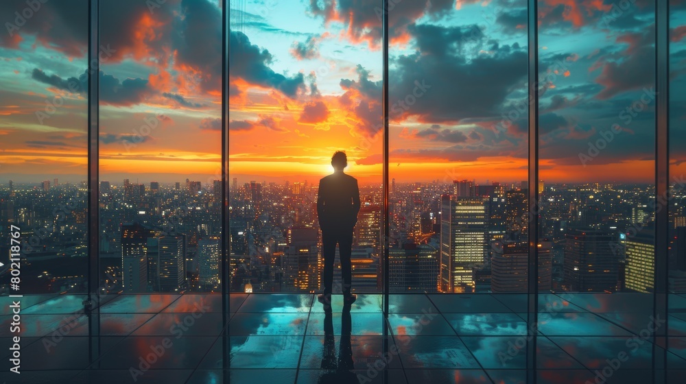Solitary businessman stands at a glass-walled rooftop, gazing over the vast cityscape bathed in the hues of a vivid sunset, reflecting on his future and strategies.