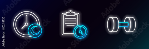 Set line Dumbbell, Time to sleep and Sport training program icon. Glowing neon. Vector